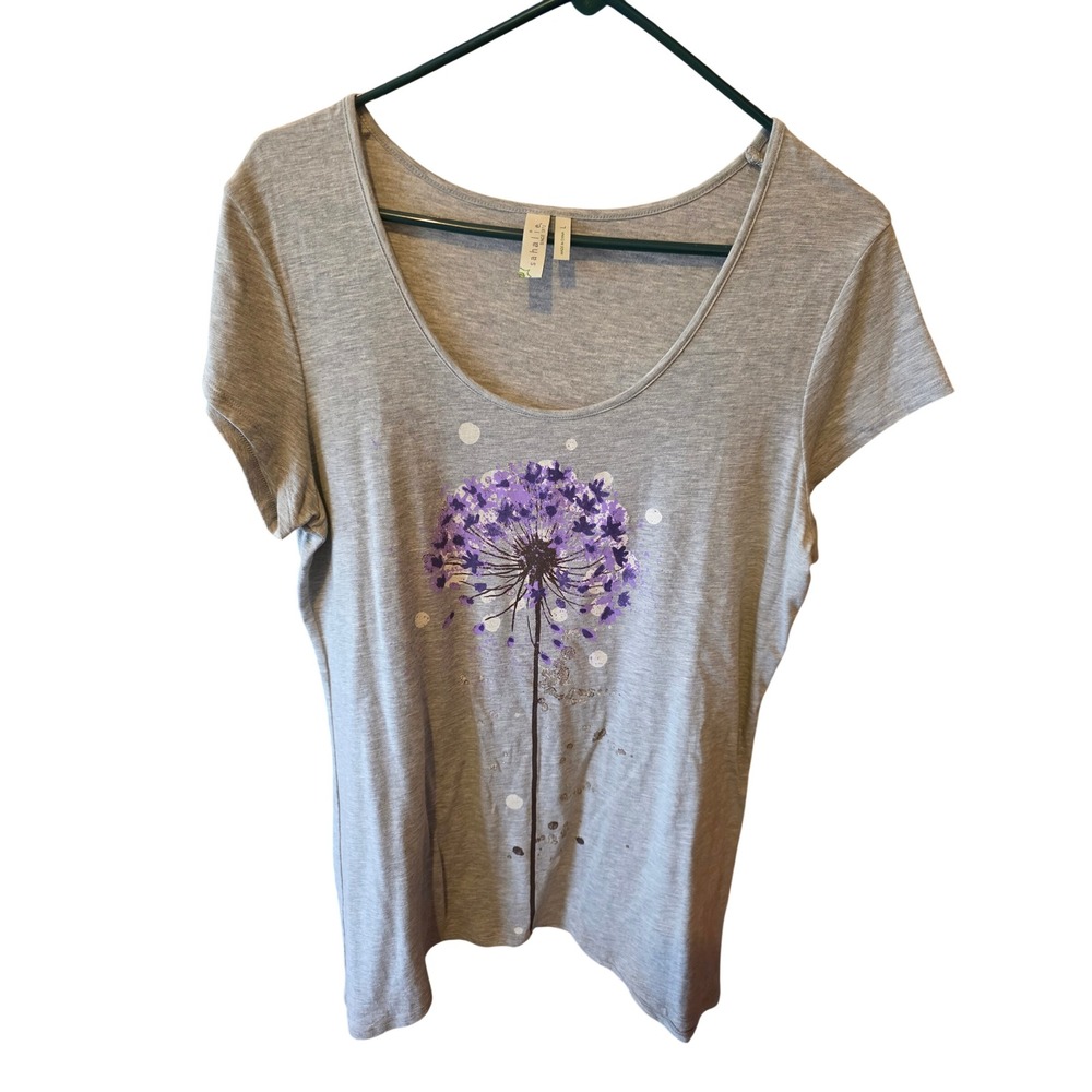 Sahalie Womens Gray Purple Dandelion Graphic Scoop Neck T-Shirt Size L